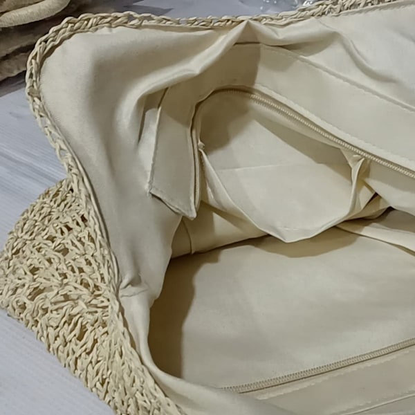 Hulvævet strandtaske til kvinder, håndvævede boheme-skuldertasker, kurvtaske, stråtaske, raffia-taske, sommerhalmtaske med lynlås og læder