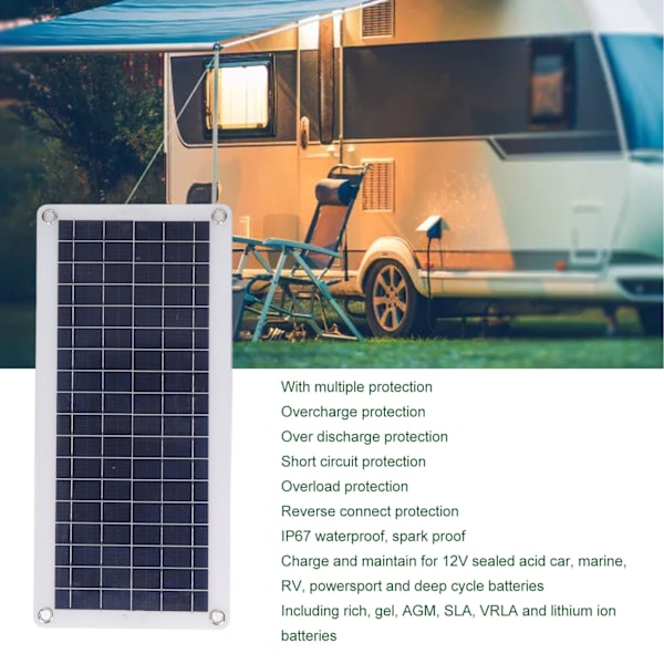 20W Solcelle Batterilader Høy Effektivitet Monokrystallinsk Silisium ETFE Solcellepanel for Bil Bobil 12V