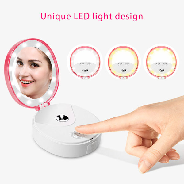 Bærbar Nano Spejl Sprayer Ansigts Skønhedsinstrument USB LED Lys Luftfugter Kosmetik Spejl Pink