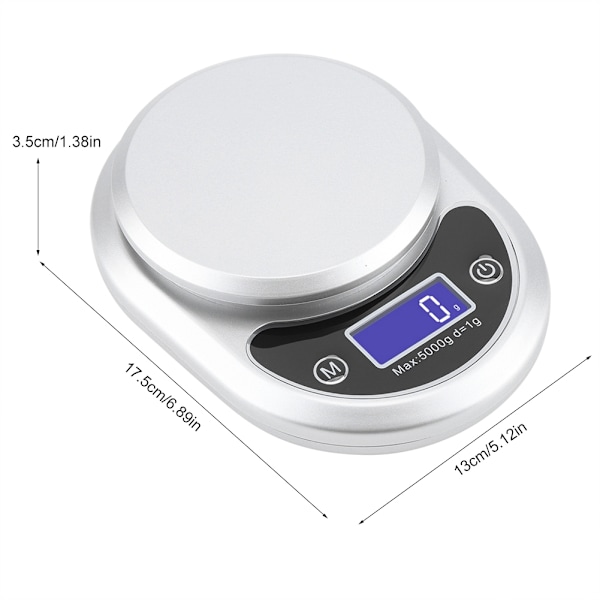 Køkkenvægt i rustfrit stål, digital multifunktionsvægt med LCD-display (1g-5kg) Sølv