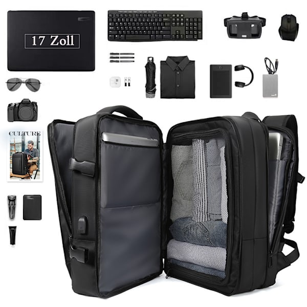 Expanderbar 26L-38L ryggsäck, affärsryggsäck herr, laptopväska 17 tum med USB laddningsport, vattentät ryggsäck, stöldskydd, flygtestad