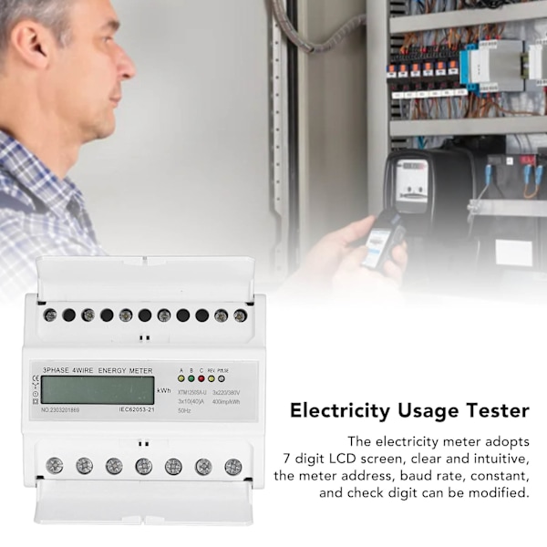 Elmätare 3-fas 4-trådig LCD Eltester DIN-skena Ström Spänning Effektmätare 3x220V/380V