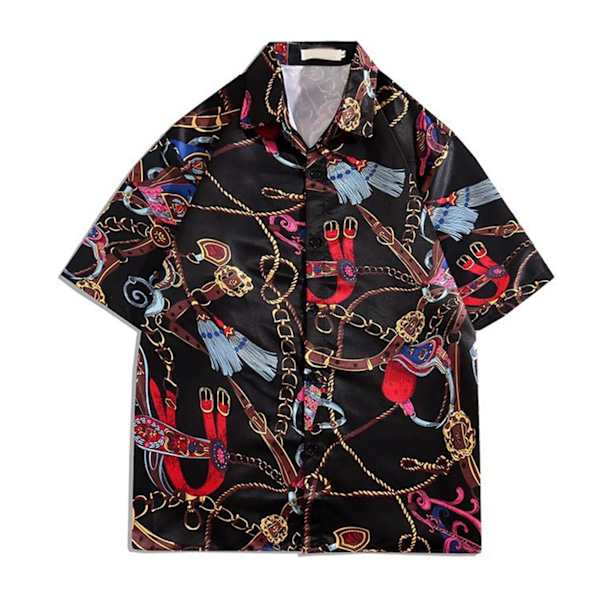 Skjorte Korte Ærmer Knapper Pæn Print Behagelig Løstsiddende Polyester Bluser til Mænd Kvinder Sort XL