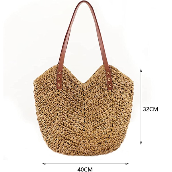 Hulvævet strandtaske til kvinder, håndvævede boheme-skuldertasker, kurvtaske, stråtaske, raffia-taske, sommerhalmtaske med lynlås og læder