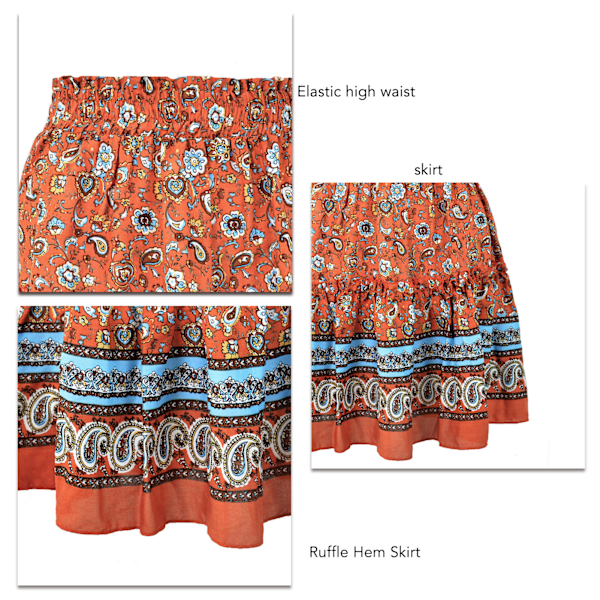 Kvinners Ruffled Hem Skjørt Blomstertrykt Elastisk Etnisk Kort Skjørt For Sommer Vår Høst Jujube Rød S