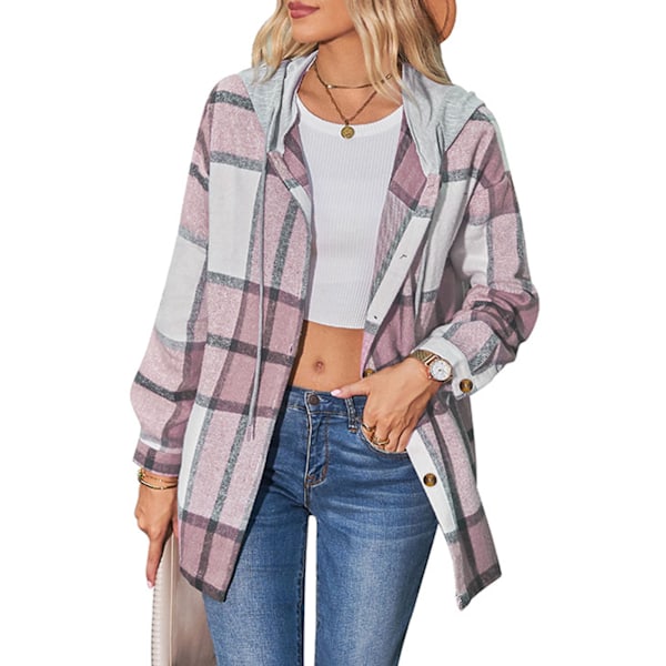 Dam Rutig Kappa Knäppning Huva Lös Passform Casual Trendig Dam Skjortjacka för Höst Vinter Rosa XL