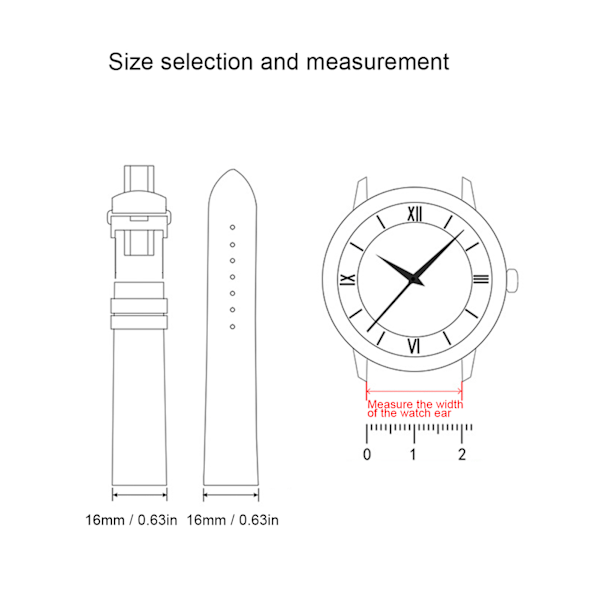Remmebånd med spenne for klokke, unisex, erstatning, reservedeler, tilbehør, svart 16 mm / 0,63 tommer