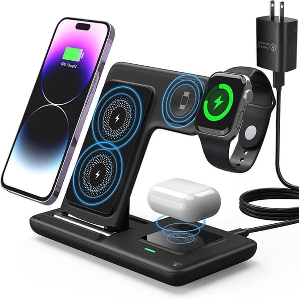 Trådløs oplader til tre-i-en mobiltelefon, ur og headset