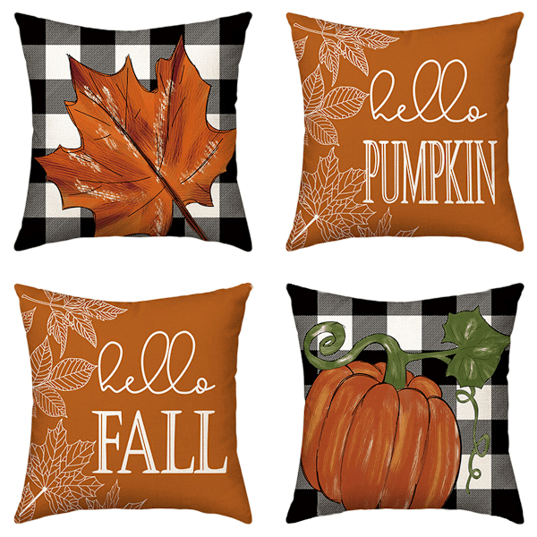 Polyester Faux Linne Fyrkantiga Kuddfodral, Buffelrutig Pumpadesign för Höstdekoration, 45x45 cm (Set med 4)