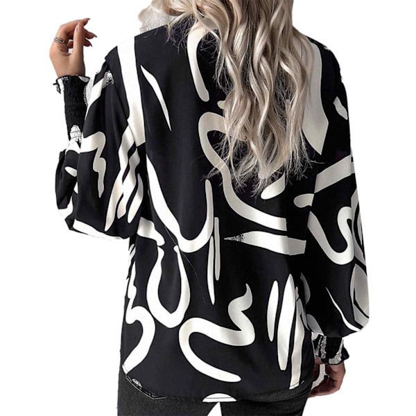 Dam Shirred Tryckt Blus Lykta Ärm Tryckt Skjorta Nedvikt Krage Knäppning Långärmad Mode Casual Blus Svart med Vit Blomma L