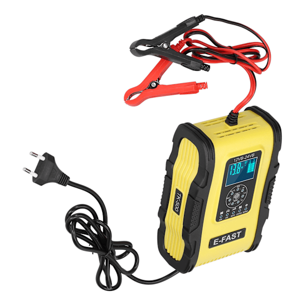 Intelligent Batterilader 12V/12A 24V/6A 7-trins Opladningspuls Reparation til Bil Båd Gul Sort EU Stik 100‑240V