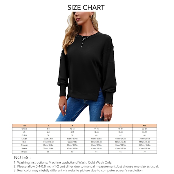 Dam Långärmad Tröja Rund Hals Delad Fåll Ledig Oversized Pullover Höst Outfit Svart XXL