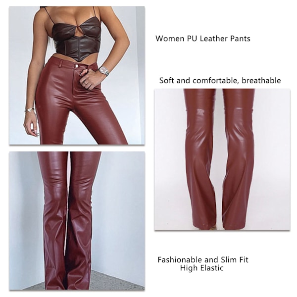 Dam Hög Elastisk PU Läderbyxa Raka Ben PU Läder Leggings Stretch Slim Fit Trendiga Långbyxor Mörkbrun L