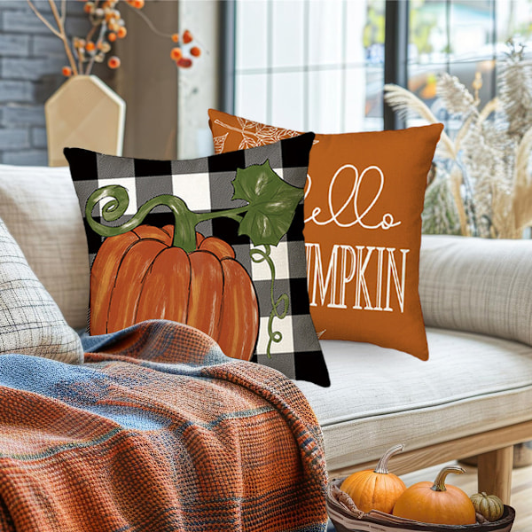 Polyester Faux Linne Fyrkantiga Kuddfodral, Buffelrutig Pumpadesign för Höstdekoration, 45x45 cm (Set med 4)