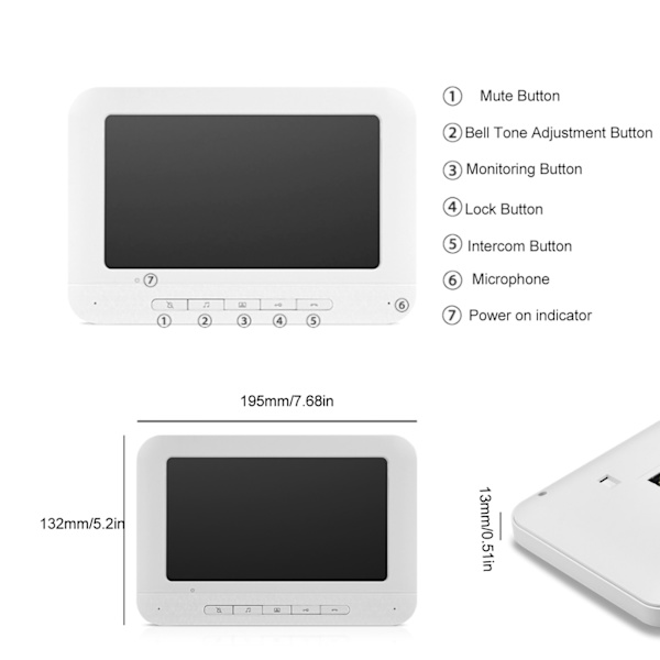7 tommer HD Videodørtelefon Dørklokke Intercom Kamera Monitor Hjemmesikkerhedssystem 100-240V