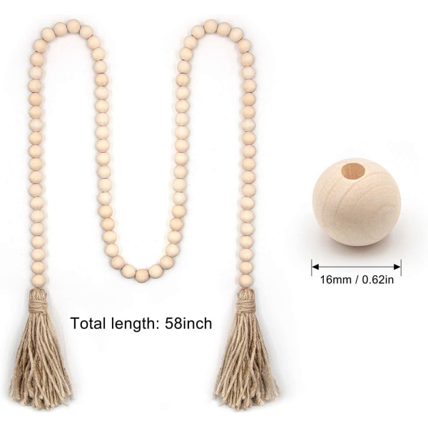 58In/st Farmhouse Beads Träpärla Garland Rustik Prayer Beads Boho-pärlor med tofsar Väggning Hängande girland för rustik lantlig inredning$Träpärla