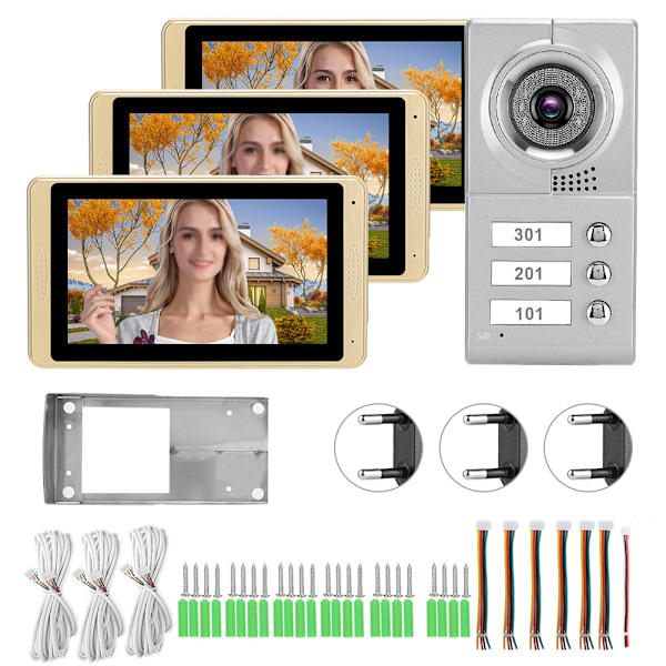 100-240V 7 tommer 720P WIFI Touchscreen Intercom med 3 skærme Dørklokke EU-stik