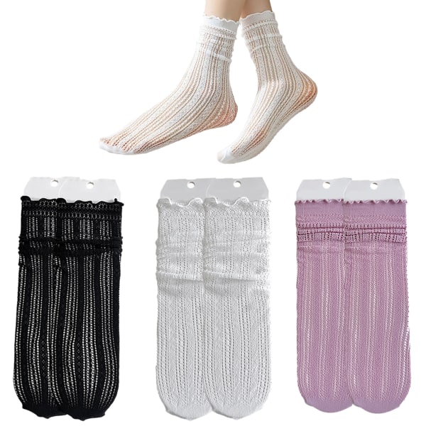 3 Pairs Fashion Socks Solid Hollow Out Women Soft Cute Long