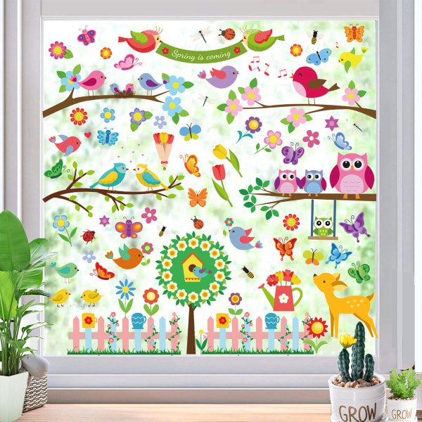 Kevään staattiset ikkunatarrat, ikkunalasiovet, kukat,
