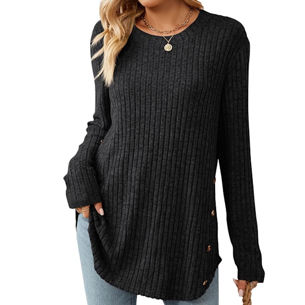 Dam Rundhalsad T-shirt Knappdetaljer Oregelbunden Fåll Casual Långärmade Blusar för Höst Svart XXL