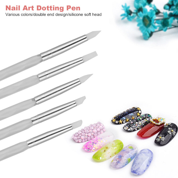 5 st Nail Art Dotting Pen Dubbelsidig Nagelfärgningspenna DIY-Graverings Penna med Akrylhandtag Vit