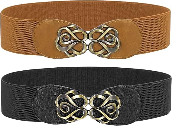 2-pack breda stretchbälten för kvinnor, vintage tjockt elastiskt midjebälte