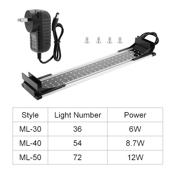 LED Udtrækkelig Lysende Akvarielampebeslag 100~240V(MI-50, AU Stik)
