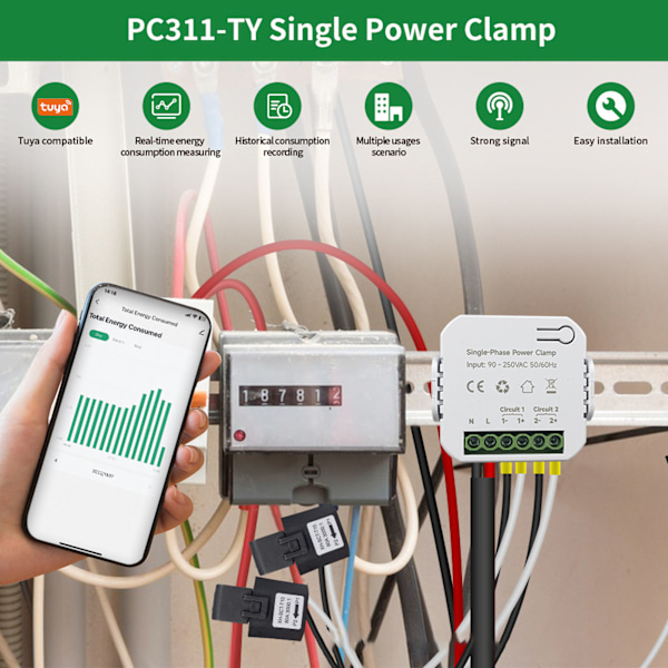 Smart Energimätare för ZigBee KWh Strömförbrukning Mätare med 80A Clamp Strömtransformator 90‑250VAC