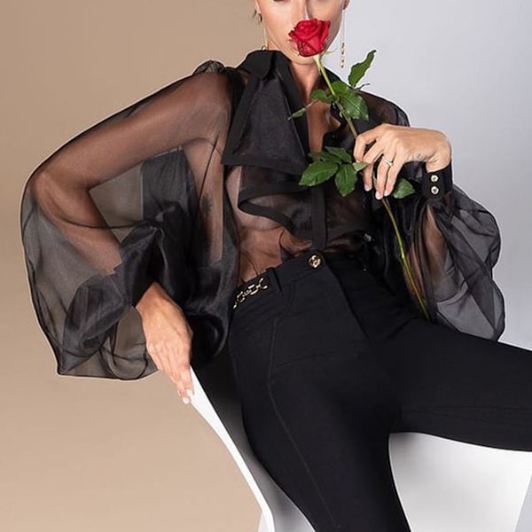 Kvindes Bodystocking Bluse Gennemsigtig Nedfoldet Krave Lanterneærmer Casual Dame Enkeltdelsskjorte til Fest Sort L