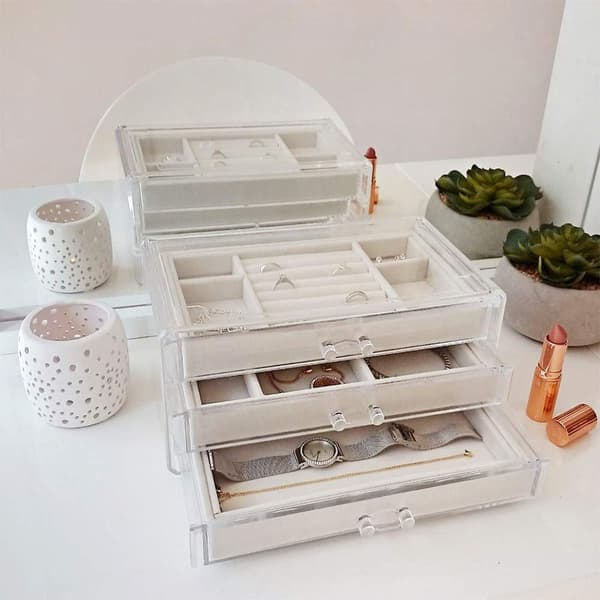 Smyckesorganisatör med sammetsfoder och akrylram, transparent design, mjukt sammetsfoder, förstklassigt skydd, mångsidig förvaring, elegant örhänge