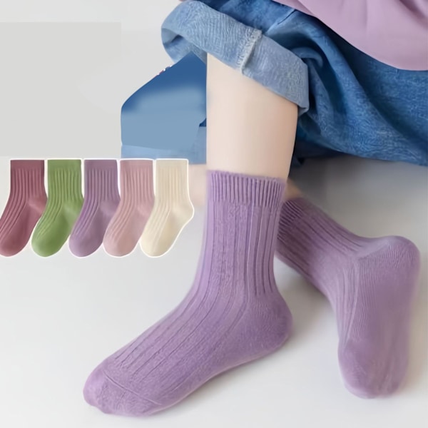 5 Par Crew Toddler Strumpor Enfärgade Mellanhöga Mjuka Bomullsstrumpor för Höst Vinter XL (17‑19cm för 8‑12 År)