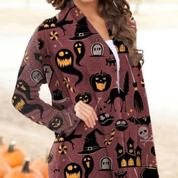 Dam Halloween Öppen Framtopp Tryck Långärmad Lös Passform Elegant Vardaglig Ytterkläder Typ 6 M