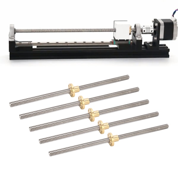 5 stk T8 Trapesgjenge 2mm Stigning 8mm Ledd 200mm Lineær Bevegelse Gjenget Stang med Messingmutter for 3D-skriver
