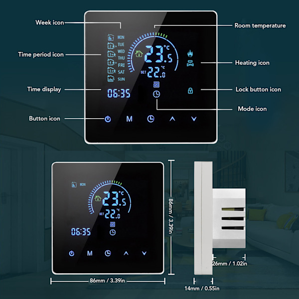 Smart Termostat Programmerbar Digital Stor Pekskärm Väggmonterad Uppvärmningstermostat Kompatibel med Tuya 3500W AC90‑240V 16A med WiFi (med 3m