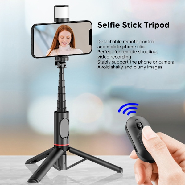 Selfie Stick Stativ Lett og Stabil Justerbar Multifunksjonell Selfie Stativ for Reiseopptak Fotografering Svart Med Lys