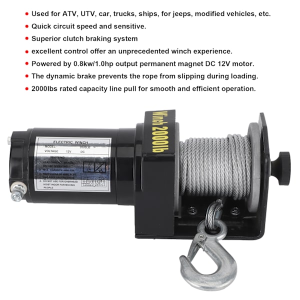 12V Elektrisk Vinsch 2000lbs Lastkapacitet Fjärrkontroll Hög Effektivitet Vinsch för ATV UTV Bil Lastbil Båt