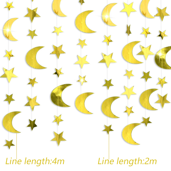 Dubbelsidig halvmåne och blinkande stjärnor, 2 set med 2m+4m glitter måne & stjärn girlanger, hängande dekorationer för födelsedagsfest, bröllop, babyshower,