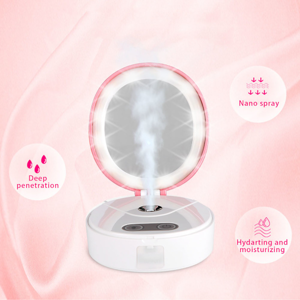 Bærbar Nano Spejl Sprayer Ansigts Skønhedsinstrument USB LED Lys Luftfugter Kosmetik Spejl Pink