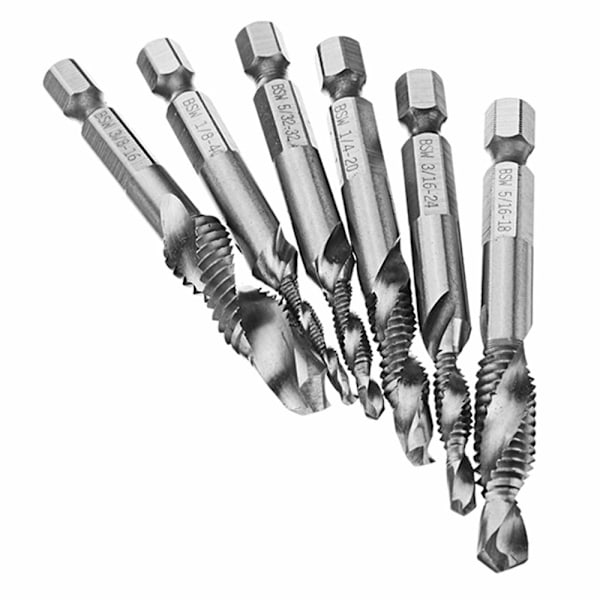 6-pack Tapborrset 1/4 tum Skaft 1/8 tum 5/32 tum 3/16 tum 1/4 tum 5/16 tum 3/8 tum Stål Mångsidig Användning Tapborrverktyg för Borrning