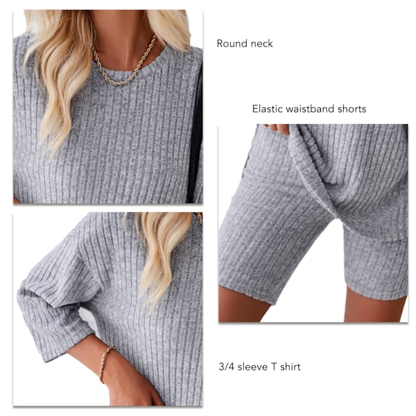 Dam 2-dels Set 3/4 Ärm Ribbad Rund Hals Oversized Casual T-shirt Shorts Set Grå L