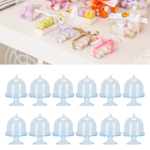 12 st Mini Tårtfat med Lock Plast Mini Tårtställ med Kupollock Klar Liten Tårtutställningsställ Transparent Godisask för Bröllopsfest Himmelsblå