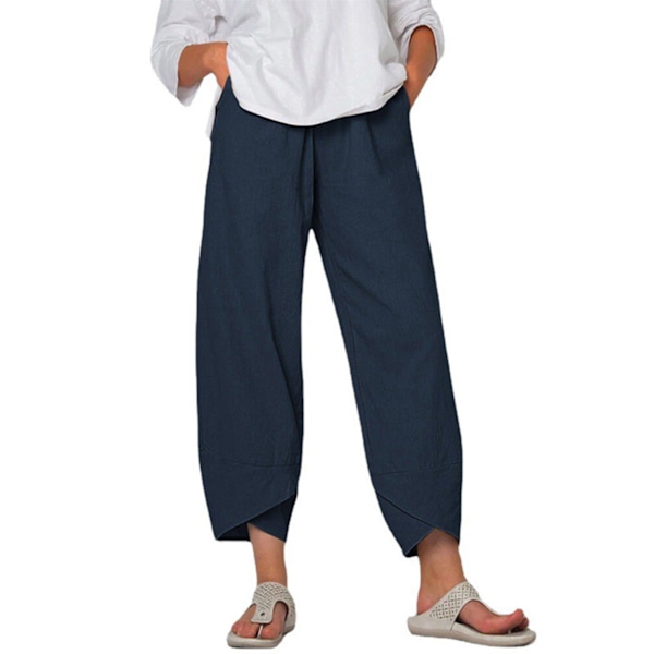 Dame Ninth Bukser Løse Casual med Lommer Bløde Åndbare Polyester Tøj til Hjem Udendørs Marineblå L