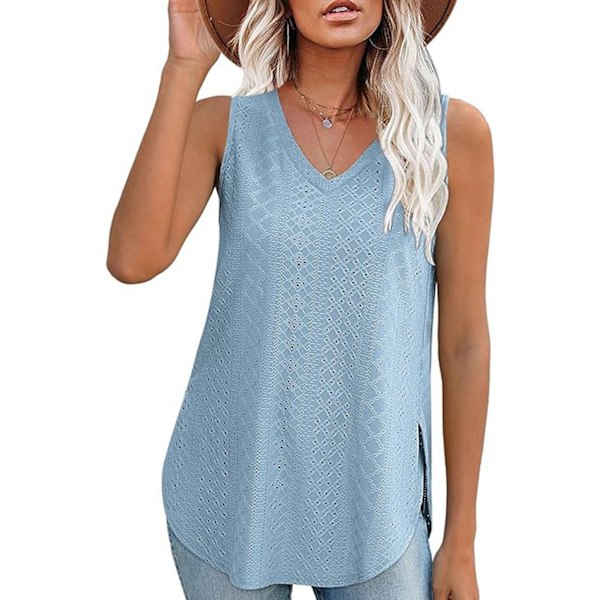 Ärmlös T-shirt för Kvinnor V-ringad Sidoslits Casual Utskuren Enfärgad Sommar Linne Himmelsblå S