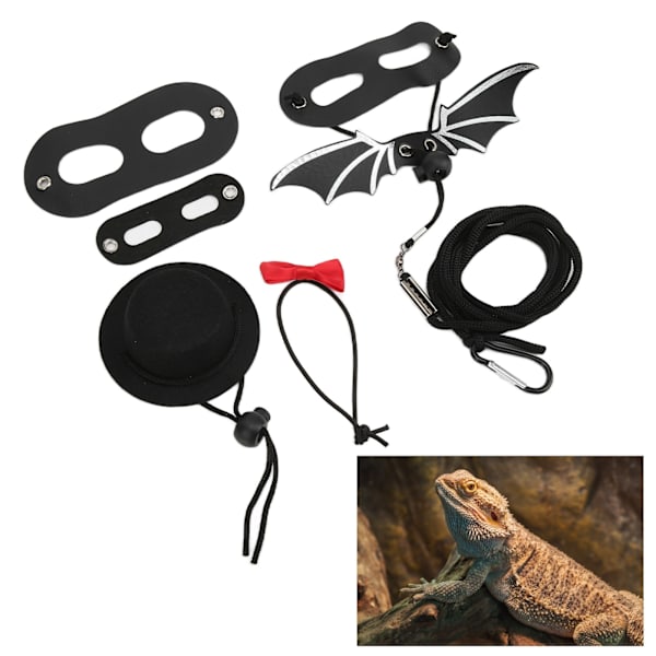 Reptilsele og -line, justerbar øgle-trekktau, hatt og sløyfe-sett for små kjæledyr (Svart og rød hattsett, line L)