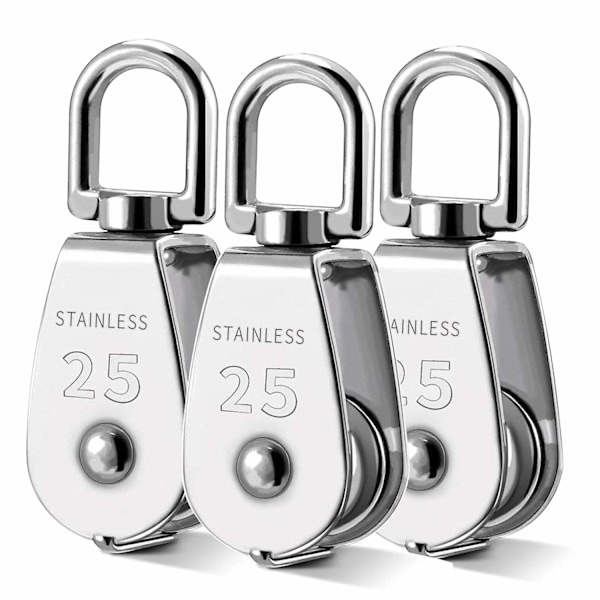 3 stk. 304 rustfrit stål M25 enkelt blok drejelig remskive remskive belastning 400 kg - sølv (3 stk.)