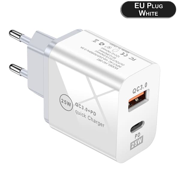 25W Strømadapter Hurtigoplader Strømforsyning USB-C Type-C QC 3.0 Hvid