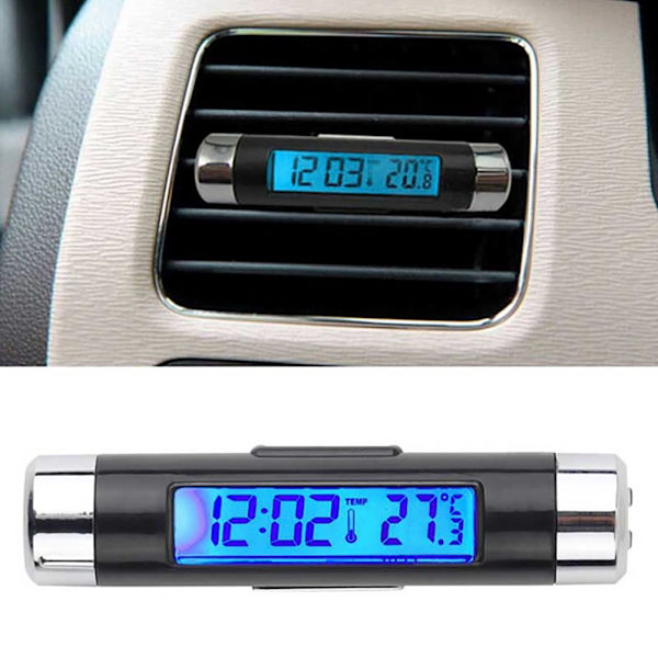 Bilklocka Termometer Tunnformad LCD-display Luftventilklämma LED Digital Bilklocka Termometer