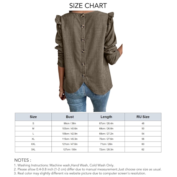 Dam Blus med Knappar i Ryggen Enfärgad Rund Hals Knäppning i Ryggen Asymmetrisk Fåll Blus Ren Färg Långärmad Casual Topp Khaki S