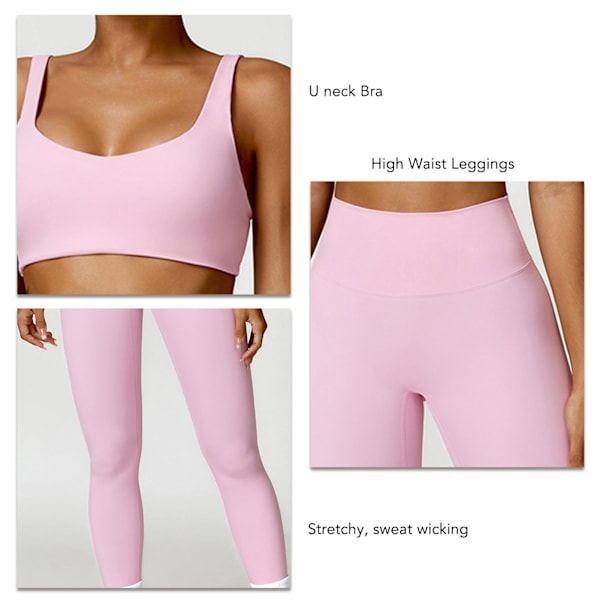 Träningsset för kvinnor Högmidjade leggings U-ringad BH Svettransporterande magkontroll Tvådelade träningskläder Rosa XL