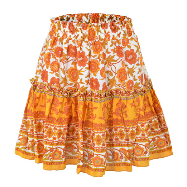 Kvinners Ruffled Hem Skjørt Blomstertrykt Elastisk Etnisk Kort Skjørt For Sommer Vår Høst Oransje S